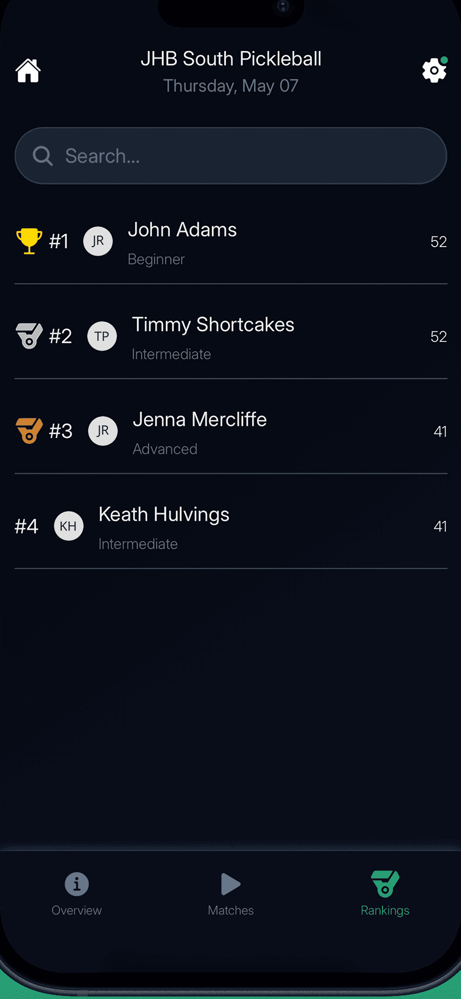 Next-Up app live league night rankings